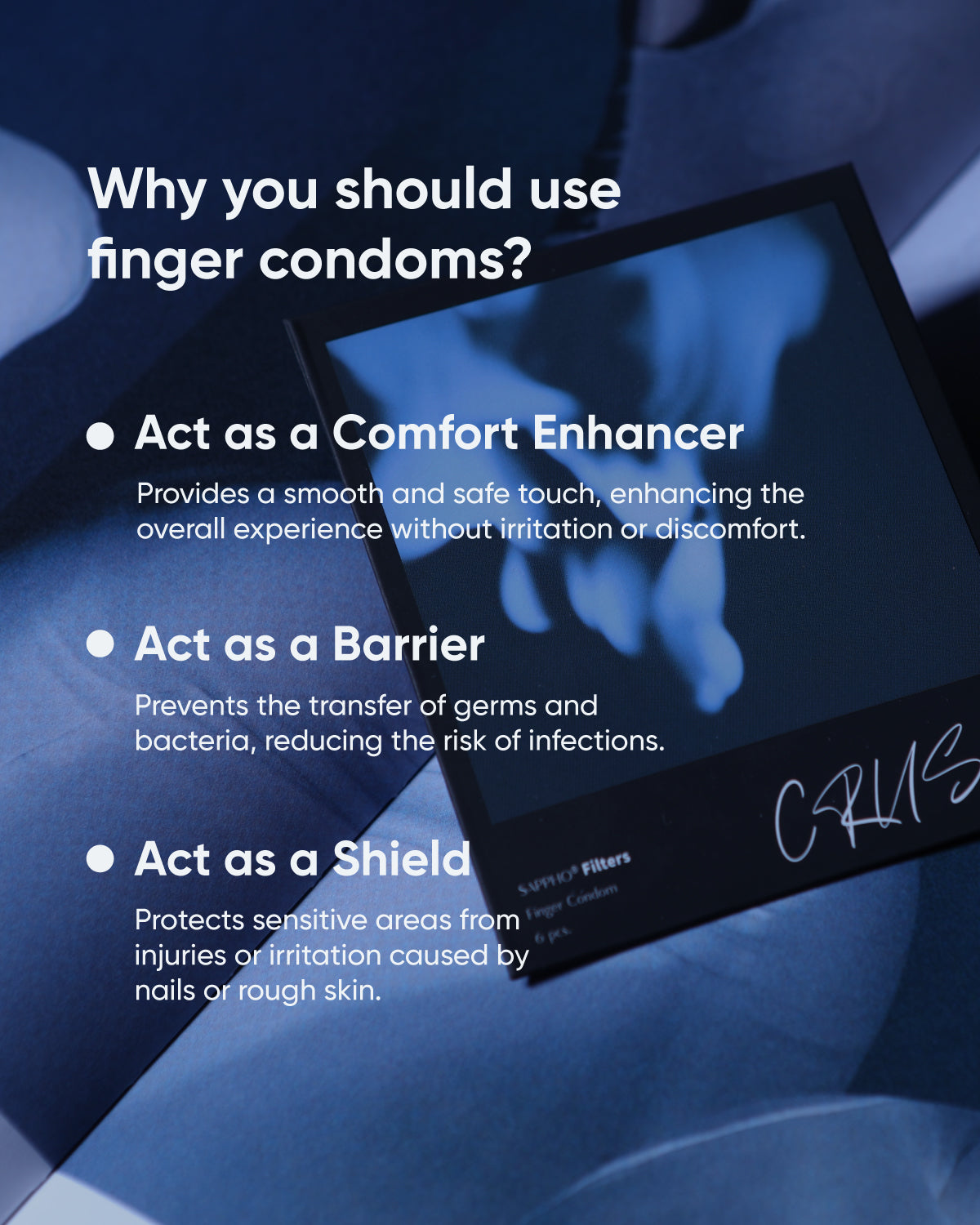 Sappho from lesbos Crush Blue Filter Finger Condom, 12 count, Cooling Sensation